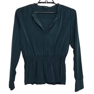 Womens Theory Silk Shirt SZ Large Long Sleeve Green V-Neck Flowy Stretch Blouse